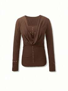 Bộ 2 chiếc áo croptop dài tay cổ thấp dáng ôm sát đính đinh tán phong cách Mỹ gợi cảm, thích hợp cho mùa xuân. - Màu cà phê - Xem 7