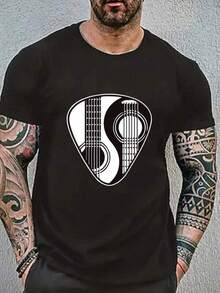 Graphic Tees Women Men Yin & Yang Guitar Print Tee Men's Summer Casual 180g Pure Cotton T-Shirt Patterned Printed Short Sleeved Top T-Shirt - 黑色 - 查看 1