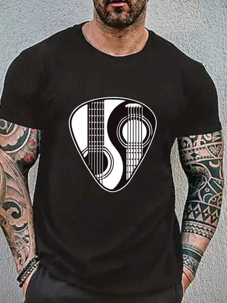 Graphic Tees Women Men Yin & Yang Guitar Print Tee Men's Summer Casual 180g Pure Cotton T-Shirt Patterned Printed Short Sleeved Top T-Shirt - 黑色 - 查看 1