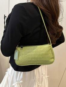 女士鳄鱼纹法棍包，新款时尚手提包，配有肩带，简约腋下包 - 綠色 - 查看 2