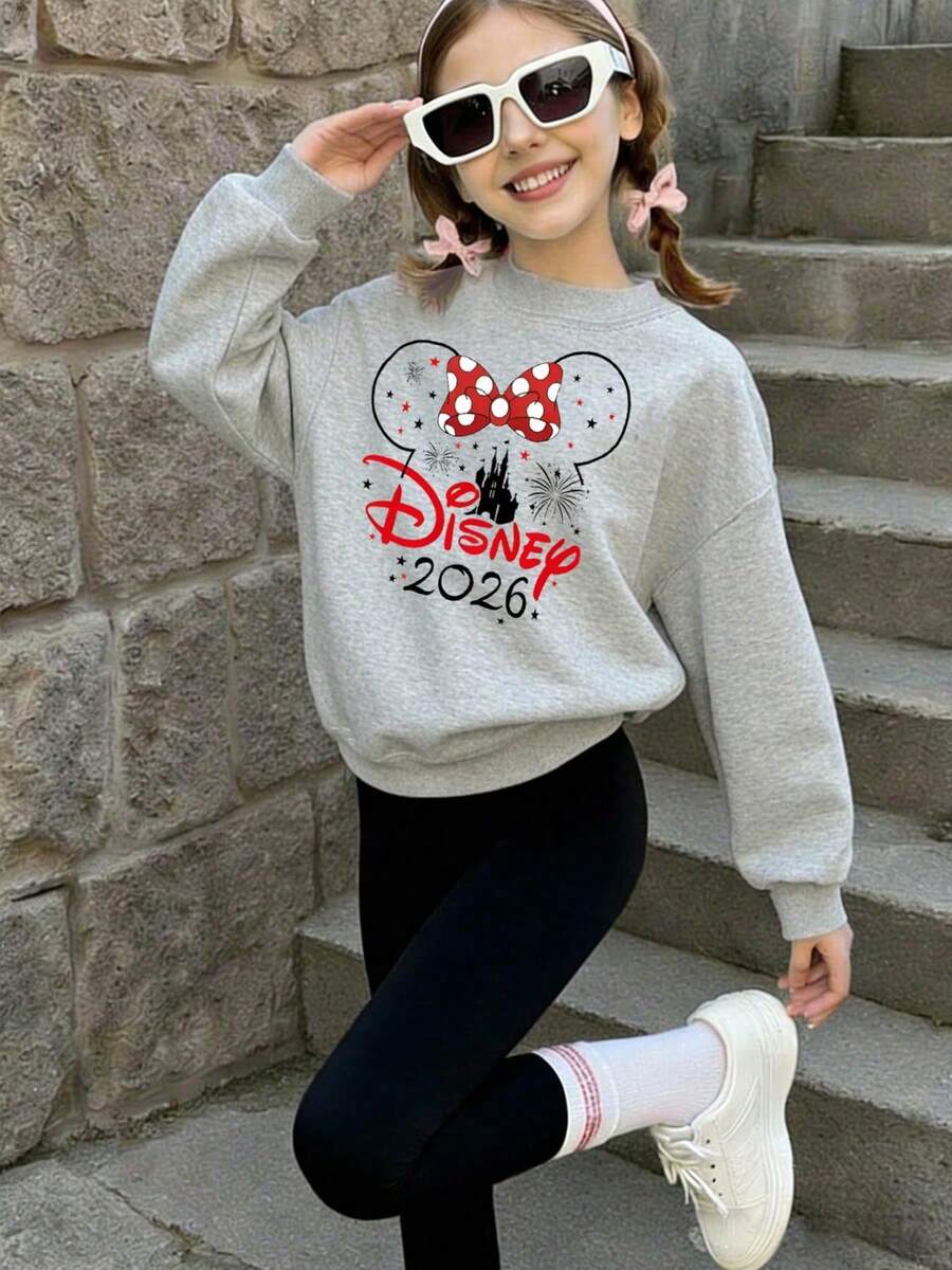 1pc Disney Minnie Mouse Polka Dot Bow & Disney Castle Firework Commemorative Print Tween Girls Cute Sweatshirt, Soft & Skin-Friendly, Ideal For Disney Park Visits And Daily Casual Wear - Grey - View 1