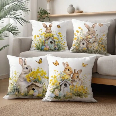 4pcs Yellow Watercolor Floral & Rabbit Pattern Throw Pillow Covers, Single-Sided Soft Peach Velvet Fabric, 45*45CM Cushion Covers For Home Bedroom Living Room Party Decor, Easter Gift (No Pillow Insert)
