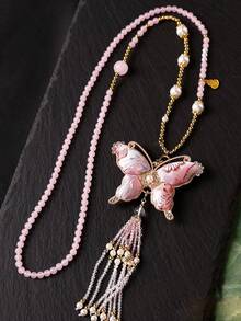 1pc Asymmetrical Pattern Beaded Butterfly Pendant Necklace, Suitable For Daily Wear, Gifts, Parties, Festivals, Weddings - Multicolor - View 7