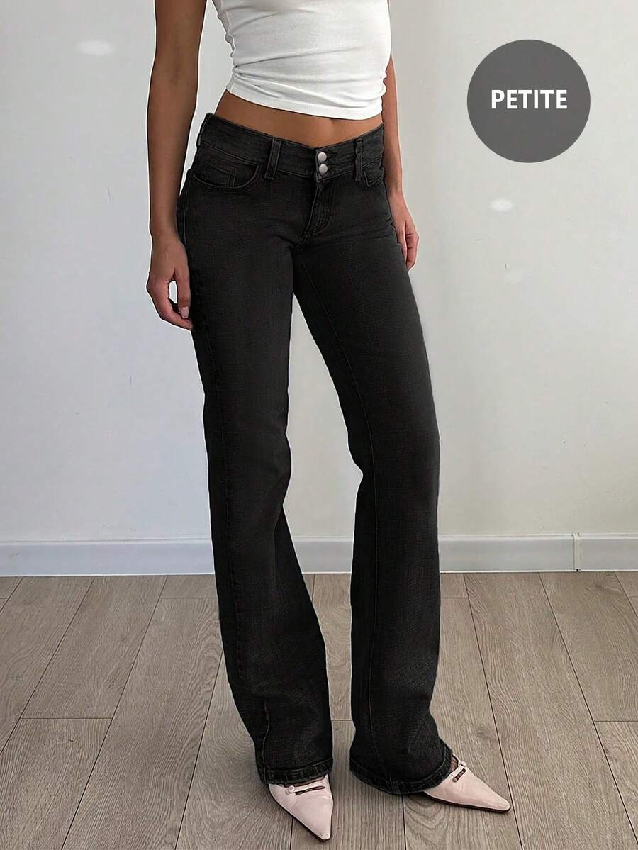 Y2K Style High-Waisted Button Fly Skinny Distressed Jeans With Pockets, Suitable For Back To School, Commuting And Casual Wear - Black - View 1