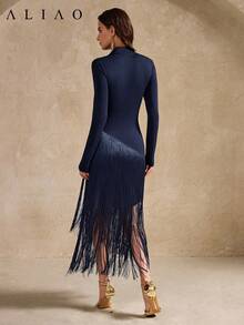 Aliao 春夏流苏高领长袖连衣裙，复古宫廷风优雅派对沙滩裙，藏蓝色，适合正式场合、毕业派对、情人节、海滩装扮 - 藏蓝色 - 查看 6