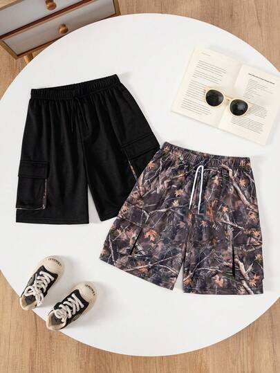 Bộ 2 quần short cargo casual đường phố dành cho thiếu niên nam, thoải mái cho sinh hoạt hàng ngày, thể thao, giải trí và du lịch.