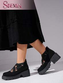 SDEMIN Early Autumn And Winter Daily Wear, Date Travel, Ladies' Temperament, Floral Print Lace Ankle Boots, Back Zipper Square High Heels, Round Toe Boots, And Fashionable Pointed Black Mesh Breathable High Heels - màu đen - Xem 7