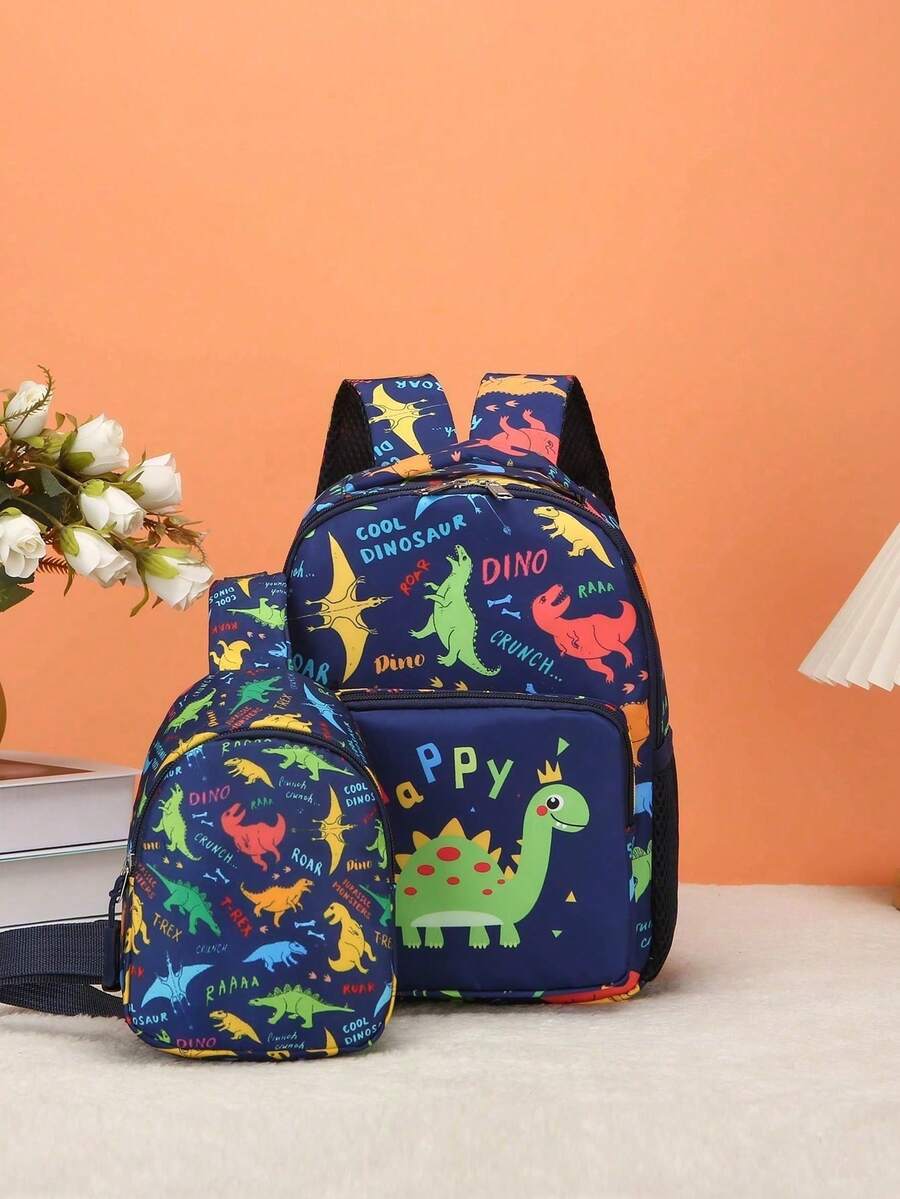 2pcs Kids Cartoon Pattern Backpack & Chest Bag, Random Print Placement - Letters Dark Blue - View 1