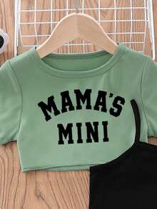 Toddler Letter Print Short Sleeve Top And Cami Dress Set - Green - View 3