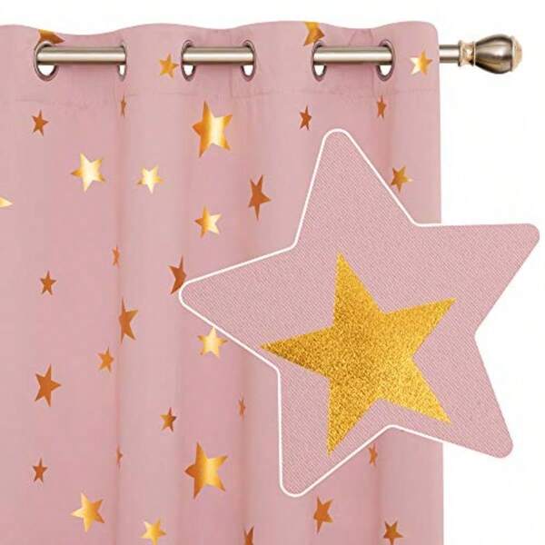 Blackout Curtains For Bedroom Gold Star Foil Printed Eyelet Thermal Insulated For Nursery 46 X 90 Inch Coral Pink 2 Panels