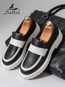 Abfuber New Designer Men's Slip-On Loafers, Soft Leather Upper, Thick Sole, Vintage British Style, Elevator Shoes. Affordable Luxury For Modern Living. Suitable For Back To School, College Students, Graduation Ceremony, Soft & Comfortable Round Toe Formal Dress Shoes, Gentlemen Business Office Commute, Daily Casual, Dating, Party, Wedding, Groomsmen. Recommend Ordering One Size Up. - Black and White - View 6