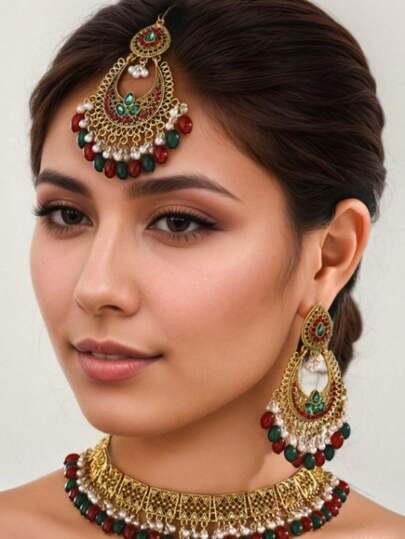 Bộ trang sức 4 món gồm dây chuyền và bông tai nhiều màu sắc, phong cách Trung Đông, thích hợp cho khiêu vũ.