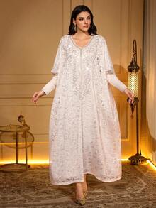 Elegant Long Sleeve Batwing Robe, V-Neck With Applique And Contrast Lace Details, Made Of Non-Stretch Woven Fabric, Flowing Design - Apricot - View 4