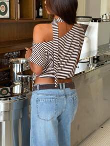 Áo thun ngắn tay dáng lửng in sọc, bèo nhún bất đối xứng, thiết kế kiểu Mỹ cổ điển GLOpass, kiểu áo thời trang thắt eo dành cho nữ mùa hè. - màu nâu - Xem 4