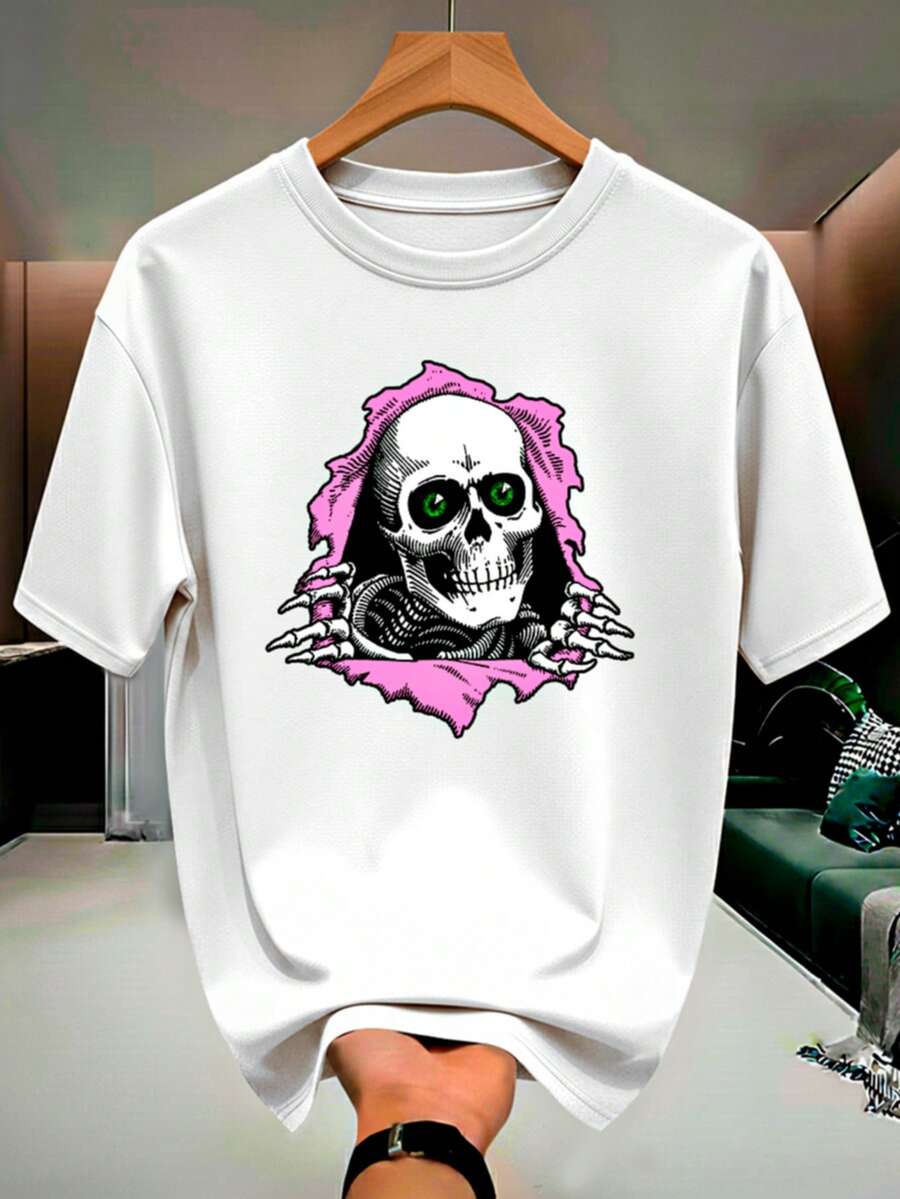 Skull Skeleton Streetwear T-Shirt, 100% Cotton, Men's And Women's Unisex Premium Shirt - 白色 - 查看 1