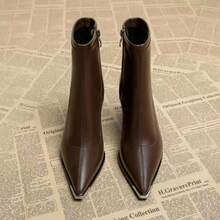2026 Spring/Autumn New Vintage Classic Black & Brown Metal Pointed Toe Side Zipper High Heel Ankle Boots For Women - Black - View 3