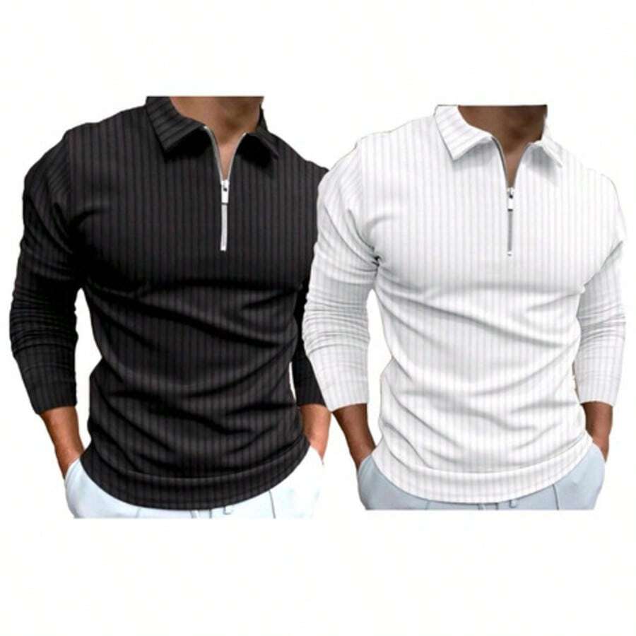 Kit 2 Camisa Polo Manga Longa com  Zíper    Gola Polo Masculina - Preto e Branco - Visão 1