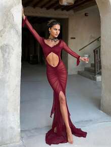 Long Sleeve V-Neck Frill Trim Sheer Mesh Bodycon Dress Spring Elegant - Burgundy - View 3