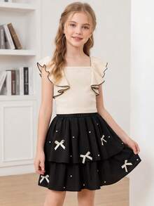 Fashionable Summer New Outfit, Square Neck Ruffle Sleeveless Top + High Waist A-Line Pearl Decor Skirt, Color Blocking Suit For Tween Girl - Black - View 1