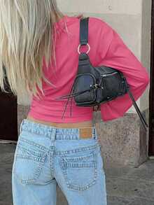 Nueva blusa elegante de manga larga con cuello redondo y volantes de unicolor, adecuada para vacaciones, citas, escuela, viajes y uso diario en primavera - Sandía roja - Ver 2