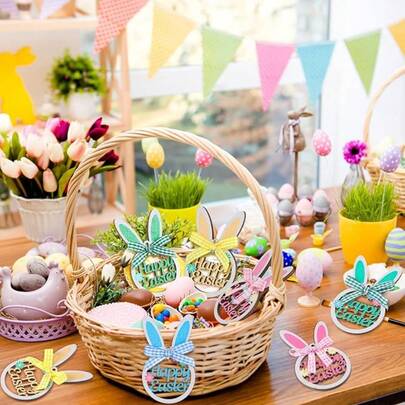 4件套木制复活节兔子装饰品，适合复活节聚会、家居装饰爱好者或任何想要增添春日气息的人。采用轻盈光滑的木材制成，色彩鲜艳，不易褪色。