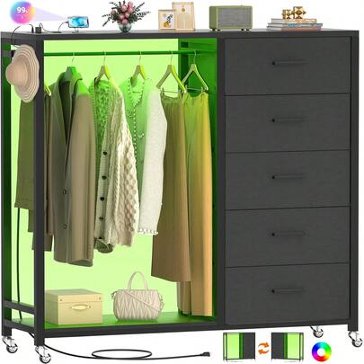 Cómoda con perchero, cómoda con 5 cajones de tela y perchero para ropa, cómoda de madera con superficie superior, estación de carga y luces LED, ruedas con bloqueo, ideal para el armario