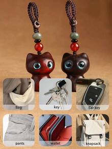 猫形幸运饰品，手工檀香木钥匙扣，猫形钥匙圈，木质汽车钥匙扣，包包挂件，钥匙链，汽车钥匙扣，手机挂绳，手工编织手机链，幸运钱包挂件，送给朋友、家人、派对礼品、活动纪念品、蘑菇爱好者和圣诞节的绝佳礼物 - 彩色 - 查看 10