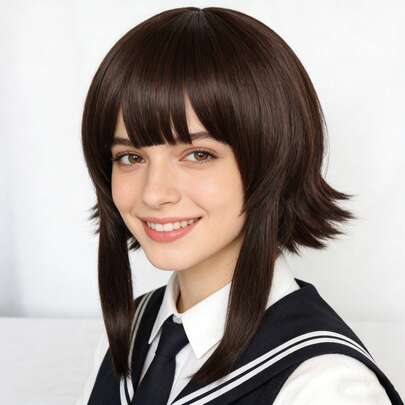 中长蓬松层次直发水母头波波头动漫角色扮演假发，带刘海，耐热合成蓝棕色服装派对假发，趣味卡通人物发型，男女皆宜，适合节日动漫展、化装舞会装饰、舞台表演配饰、生日礼物及度假日常使用。