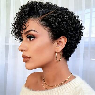 Tóc giả ngắn xoăn 6 inch, độ dày 150%, kiểu tóc pixie, làm từ tóc thật 13x4x1, phần chữ T, ren trong suốt, màu đen tự nhiên, thích hợp cho nữ sử dụng hàng ngày và dự tiệc.