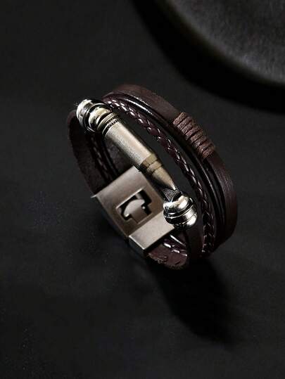 男士黑色朋克风铆钉串珠编织皮手链 - 适合日常佩戴、用餐、约会、送礼