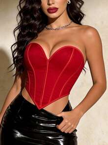 Sexy Elegant Bandeau Bra Top, Heart Neckline With Boning Waist Shaping Cropped Blouse, Suitable For Nightclub, Date, Music Festival Bodycon Shapewear - Red - View 1