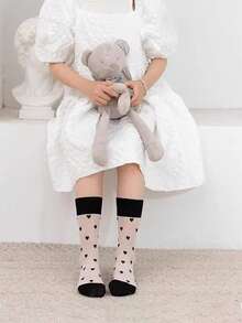 4 Pairs Girls' Mid-Calf Socks With Heart, Bow, Polka Dot, Flower Patterns, Straight Tube Design With Black & White Ruffle Trim, Spring/Summer - Multicolor - View 2