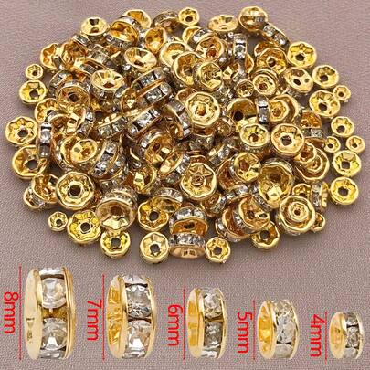 30pcs Real 18K Gold Plated Clear Crystal Rhinestone Beads Straight Flange Beads Golden Flat Round Bead Rondelle Crystal Metal Bead For DIY Jewelry Making