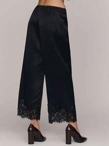 Women's Lace Satin Lounge Pants Elastic Waist Loose Wide Leg Casual Solid Color Lace Patchwork Pants ,Suitable For Vacation, Office, Brunch, Airport Outfit,Summer Going Out - 黑色 - 查看 3