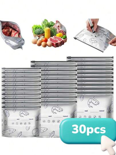 30/10pcs Aluminum Foil Resealable Food Storage Bags, 2 Packaging Styles Randomly Sent, Reusable, Suitable For Refrigerator And Freezer, Antibacterial Foil Food Preservation Bags With Airtight Zipper Seal, Can Store Vegetables And Fruits