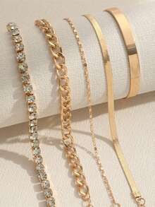  5Pcs/Set Luxurious Bracelets For Women Rhinestone Shiny Adjustable Opening Chain Bracelets Punk Bangle Fashion Jewelry Accessories - Yellow Gold - View 2