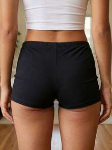Shorts cortos de mujer de unicolor, con cintura elástica, ajuste ceñido y delgado, shorts de estar en casa - Negro - Ver 5
