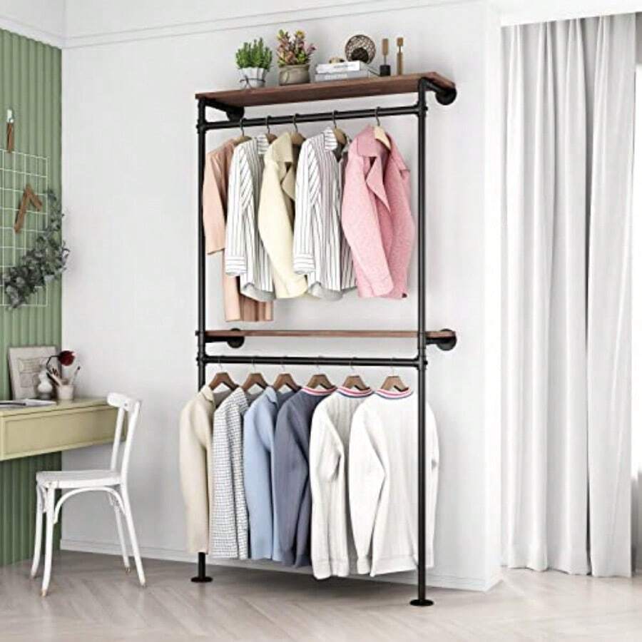 Industrial Pipe Clothing Racks with 2 Tier Shelves Wall Mounted Black Clothes Rack with Double Hanging Rods Heavy Duty Garment Storage Rack Display Racks Rod for Clothes Laundry Room - Negro-2 estantes - Ver 1