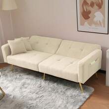 Previous Reference: WF200993995B, Reclining Sofa Bed, Gold Legs, With Cushions And Side Storage Pockets - Beige - View 5