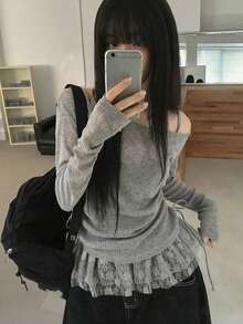 Feminine Lace Splice Off-Shoulder Long Sleeve T-Shirt For Women, Distinctive Slimming Drawstring Top, Summer - Grey - View 1