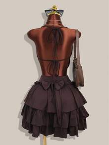 女士棕色无袖性感吊带背心，修身显瘦半裙 - 火辣女孩派对两件套，完美适合度假、夏季穿着，女士两件套 - 棕色 - 查看 3