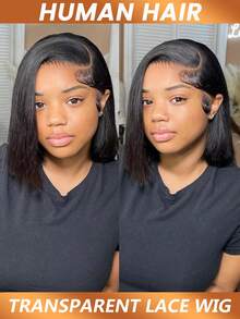 13*4 透明蕾丝前假发，预先拔毛的波波头直发短款真人发假发，适合女性，150% 密度 - Natural Black - 查看 6