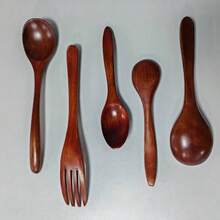 5件套多尺寸木制餐具套装 - 多功能可重复使用木制餐具，尺寸多样，适用于烹饪、用餐、餐厅、居家、户外野餐 - 理想的礼物 - 卡其色 - 查看 3