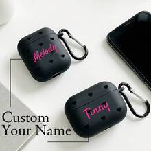 Custom Name Earphone Case For AirPods 1/2/3/4/Pro Personalized Leopard Print Earphone Case Black Heart Minimalist Plated Soft TPU Silicone Protective Case With Carabiner - Black - View 1