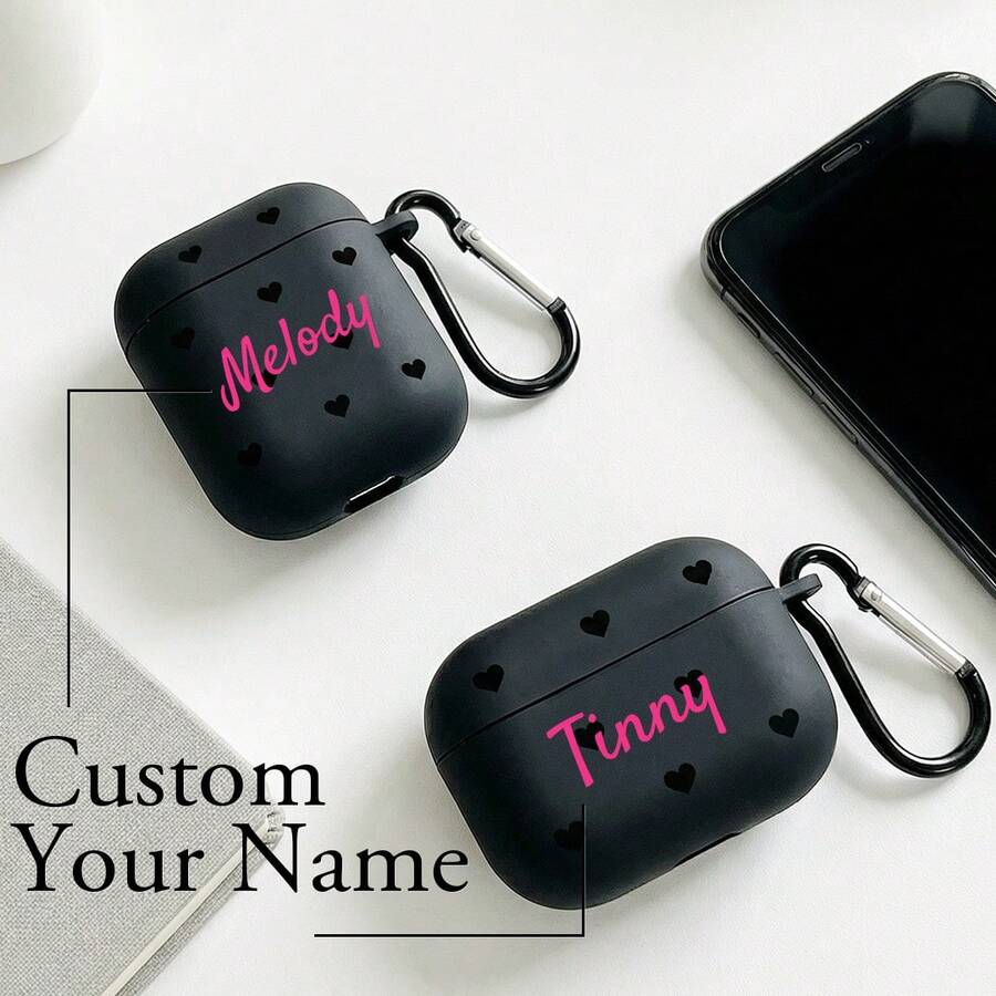 Custom Name Earphone Case For AirPods 1/2/3/4/Pro Personalized Leopard Print Earphone Case Black Heart Minimalist Plated Soft TPU Silicone Protective Case With Carabiner - Black - View 1