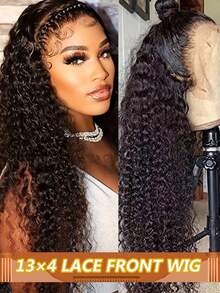 深波浪蕾丝前假发，真人发，180%密度，13x4透明预拔毛深卷假发，带婴儿发，女士真人发假发 - Natural Black - 查看 1