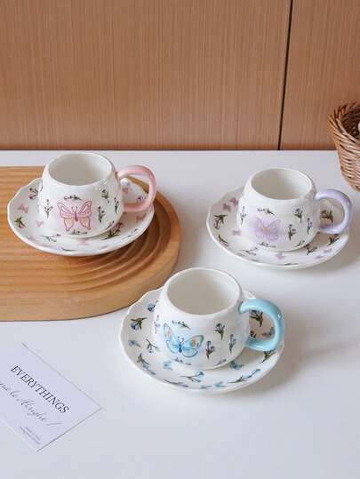 1pc Butterfly Ceramic Cup & Saucer Set, Tulip Circle Cup, Asymmetrical Dessert Plate, Exquisite High-Quality, Suitable For Home Daily Drinkware, Afternoon Tea, Flower Tea, Red Tea Cup & Saucer, Gift, Holiday Decor, Valentine's Day Gift