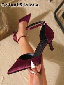 On feet& in love Women's Fashionable Elegant Strap Pointed Toe Hollow Lacquered Mid-Heel Pumps, Suitable For Dresses And Weddings - Burgundy - View 1