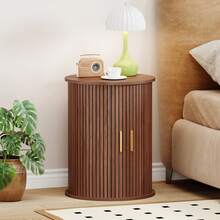 Round Fluted Nightstand, Mid Century Modern Tall Side Table With Storage, End Table With Sliding Tambour Doors, Adjustable Shelf, Small Wood Bedside Table For Bedroom,Living Room,Office - Lạc đà - Xem 9