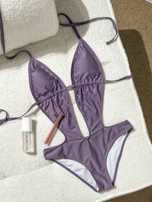 Bộ đồ bơi liền thân màu tím quyến rũ, cổ chữ V sâu có thể điều chỉnh, trang trí đinh tán, hoàn hảo cho kỳ nghỉ lãng mạn trên bãi biển và tiệc bể bơi vào ngày Valentine. - Màu tím - Xem 5
